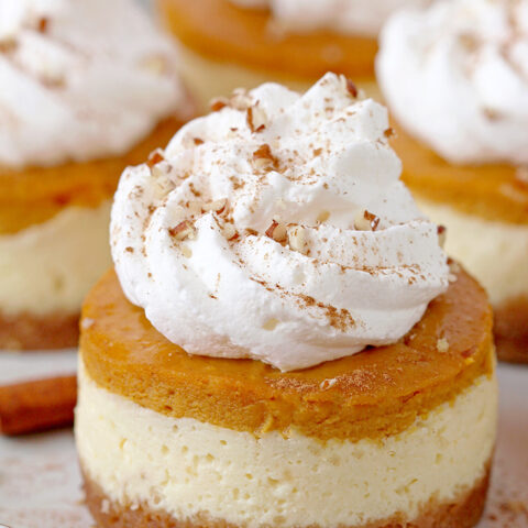 Mini Pumpkin Pie Cheesecakes with decadent creamy filling made of cream cheese and pumpkin pie layers on crunchy graham cracker crust, topped with whipped cream are so delicious and yet simple fall dessert, perfect for Thanksgiving. 
