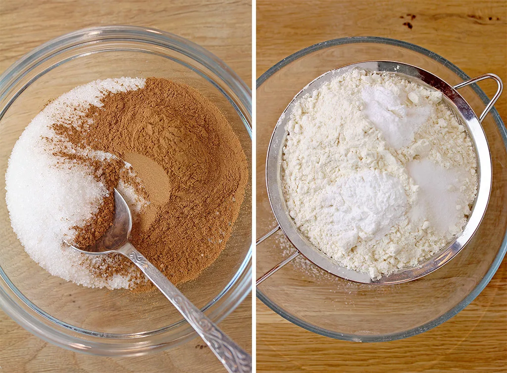 Mix the sugar and cinnamon for the topping and set aside. In a medium-sized bowl, sift the dry ingredients: flour, baking powder, cream of tartar and salt. 