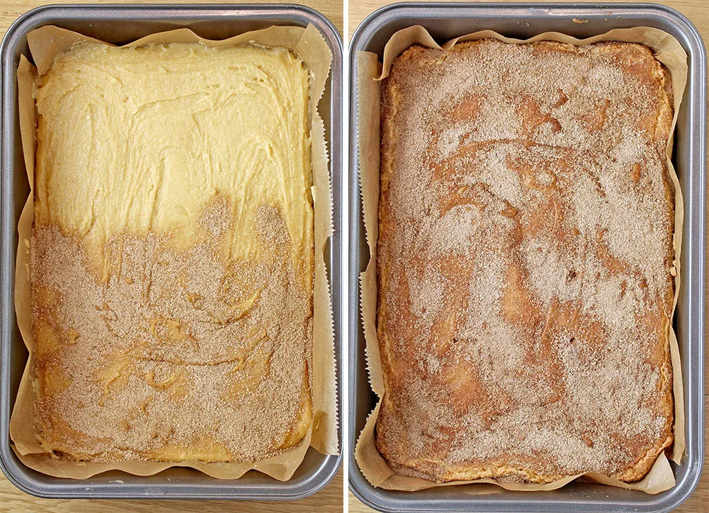 Spread the dough in the prepared pan and sprinkle it with cinnamon and sugar.Bake for about 25-30 minutes or until a toothpick inserted in the center comes out dry or with a few crumbs.