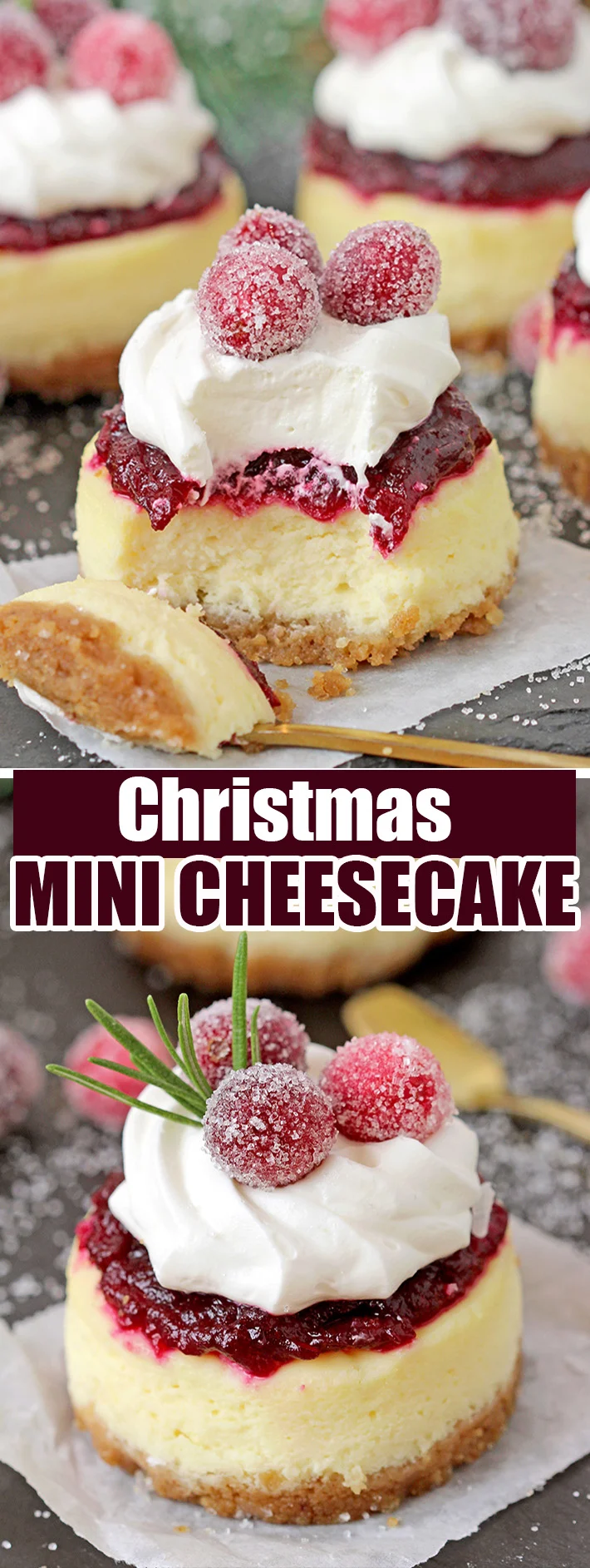 Cranberry Jam and White Chocolate Mousse Mini Cheesecakes are just perfect for Christmas! These Christmas Mini Cheesecakes are so delicious and you really have to try them. Buttery crust, creamy cheesecake layer, fresh cranberry jam and a  rich layer of smooth white chocolate mousse with candied cranberries on top - wooow, amazing dessert!