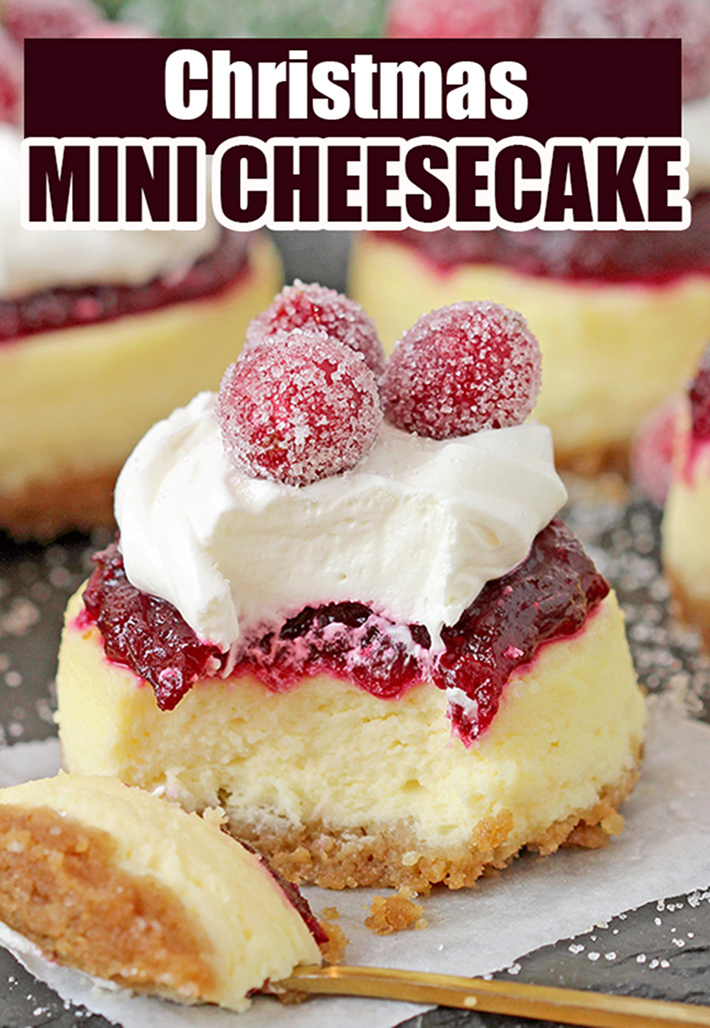 Cranberry Jam and White Chocolate Mousse Mini Cheesecakes are just perfect for Christmas! These Christmas Mini Cheesecakes are so delicious – buttery crust, creamy cheesecake layer, fresh cranberry jam and a  rich layer of smooth white chocolate mousse with candied cranberries on top – wooow, amazing dessert! 