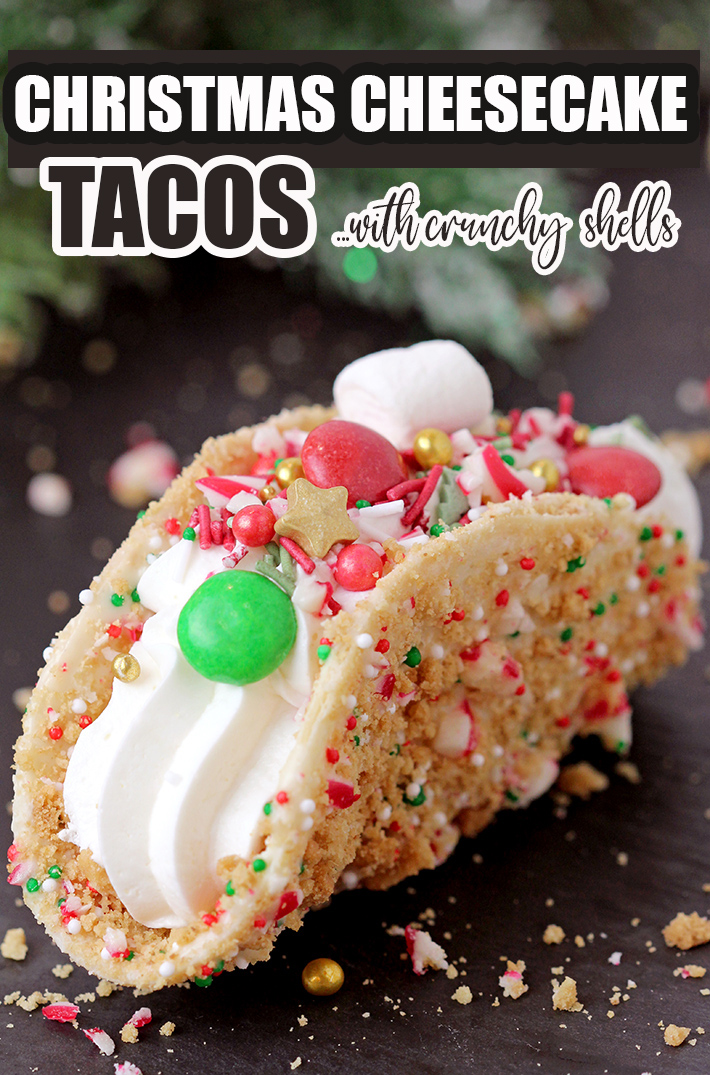These Christmas Cheesecake Tacos with crunchy graham cracker tortilla shells, rich and creamy cheesecake filling, sprinkled with Christmas sprinkles, M&M's and crushed candy canes is an ultimate dessert you have to try for Christmas 2023! 
