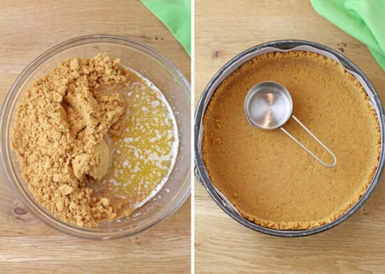 Mix graham cracker crumbs with melted butter and press the mixture into a springform pan to form the cheesecake crust.