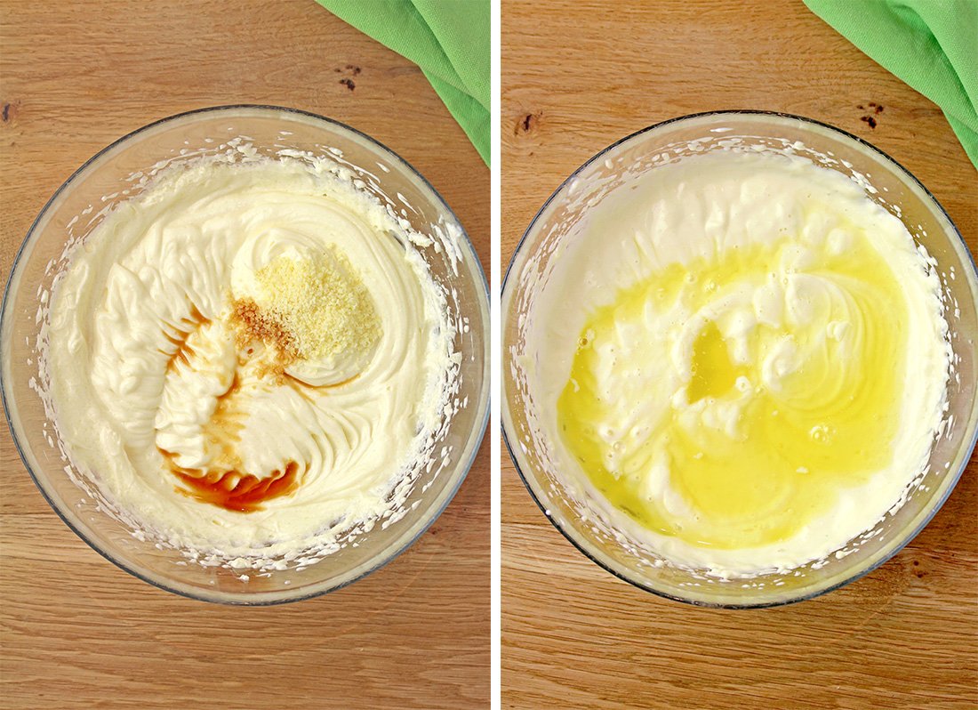 Add the grated lemon zest and vanilla extract and beat to combine. Add cooled Jell-O in batches of ⅛ of the cup until it is used up. Beat on low between adding until it's smooth. If necessary, scrape the sides of the bowl.