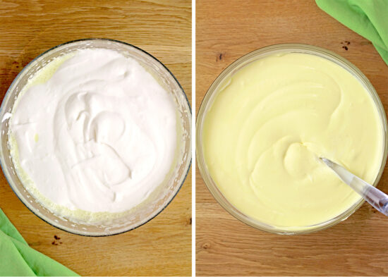 In a separate bowl, beat heavy whipping cream until soft peaks form. Add whipped cream to the bowl with the mixture of cream cheese and Jell-O, fold with a spatula until it is completely combined. Spread the filling evenly over the crust and smooth the top. Wrap and chill for at least 6 hours, preferably overnight.