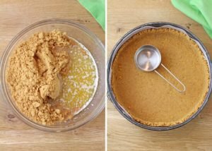 Line sides and bottom of a 9 inch springform pan. Set aside. Combine graham cracker crumbs and melted butter, stirring until the crumbs moisten. Press the mixture on the bottom and sides of the prepared pan. You can use a measuring cup to do this.