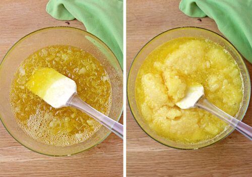 To make the topping: put the crushed pineapple in a strainer and squeeze out the excess liquid with spatula. Set aside. In a heatproof bowl, add boiling water and jello mix and mix until the jello melts. Add crushed ice and mix until the ice is dissolved. Then add the drained pineapple and stir well. Put it in the refrigerator while you make the cheesecake filling.