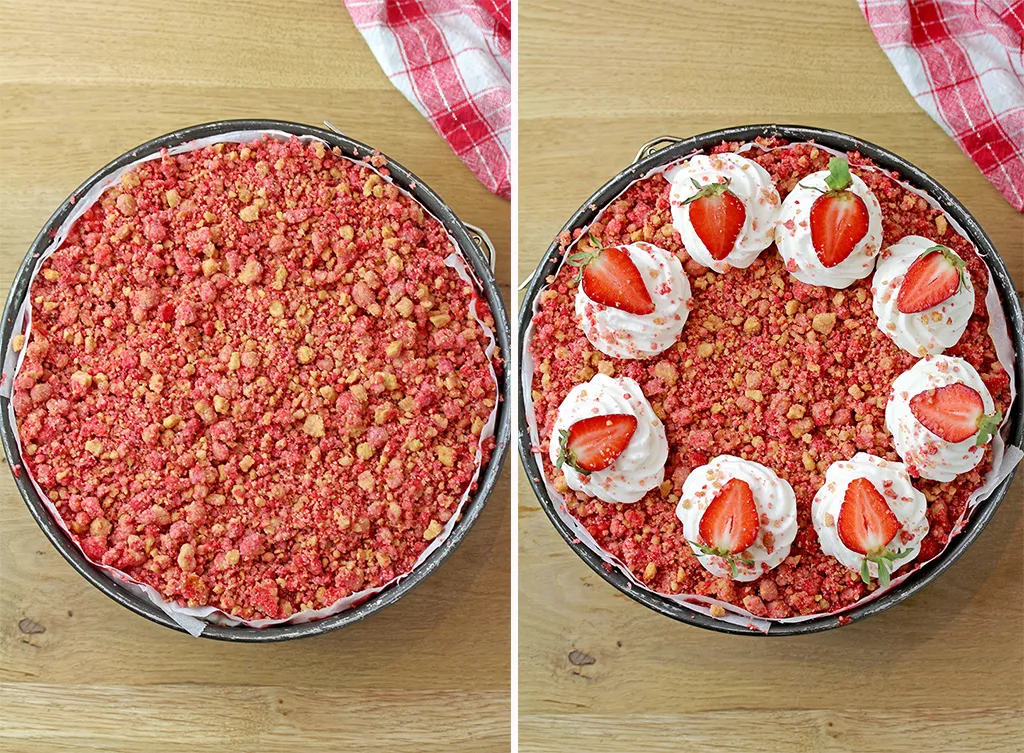 Assemble the cheesecake. Spread the strawberry sauce over the cheesecake and then sprinkle with strawberry crunch. 