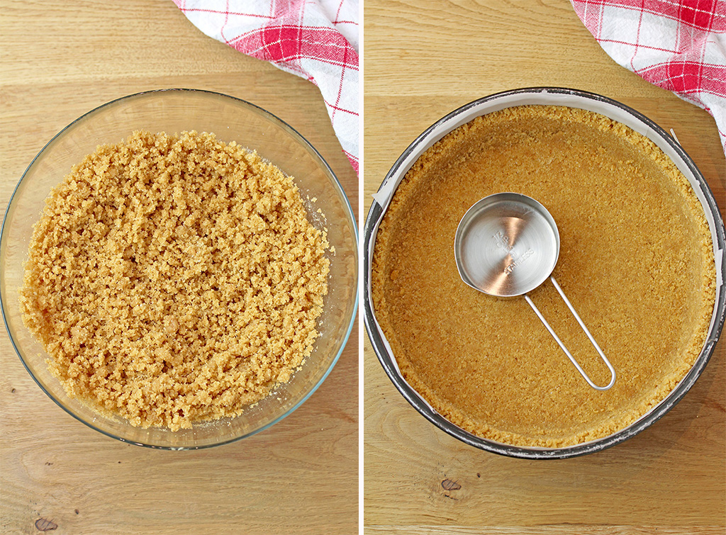 Make graham cracker crust. It’s easy and there’s no baking. Press it to the bottom and the sides of a 9 inch springform pan.