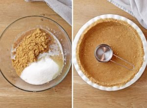 Make the crust, it’s quick and easy without baking, with only 3 ingredients. If you want to speed up the process, take a ready-made crust that you can buy at the supermarket. However, I prefer homemade crust that I make myself, it only takes 5 minutes