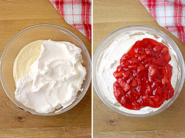 Step 3. Make the cheesecake filling and combine it with strawberry sauce.