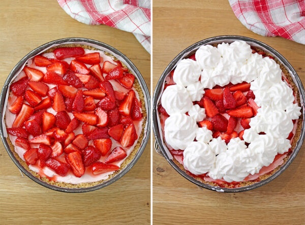 Step 5. Prepare strawberries for the topping and spread over the cheesecake, then top with whipped cream.