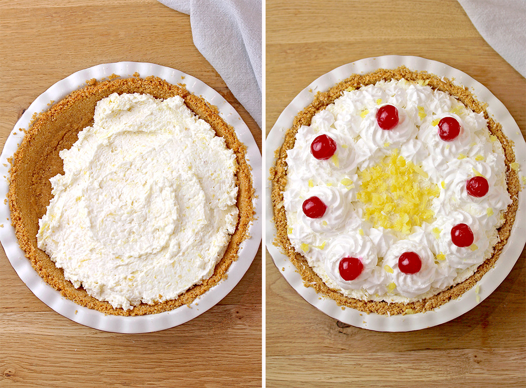 Spread the filling over the crust, top with whipped cream, then decorate the pie. 