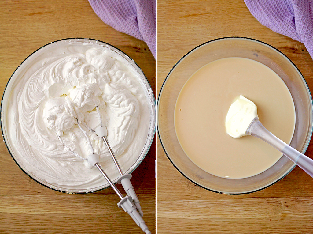 Step 1. Beat heavy whipping cream Step 2. Combine sweet condensed milk, whole milk, Bailey's and vanilla.