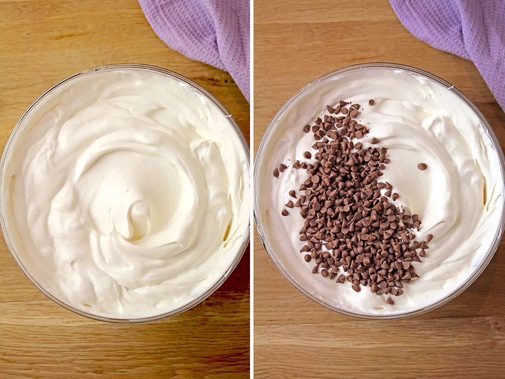 Step 3. Fold Bailey's mixture into whipped cream. Step 4. Mix in the chocolate chips.