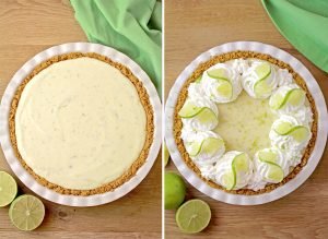 Then, spread the filling over the baked and cooled crust, bake for 10 minutes and let cool. Topping is made with 3 ingredients. Beat them until stiff peaks form, then top the pie with whipped cream and decorate.