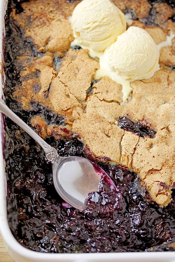 This old fashioned Blueberry Cobbler is the easiest recipe for the tastiest dessert from ingredients you already have on hand, it’s simply perfect. Sweet, juicy blueberries coated with crunchy buttery batter are best served warm with a scoop of vanilla ice cream.  