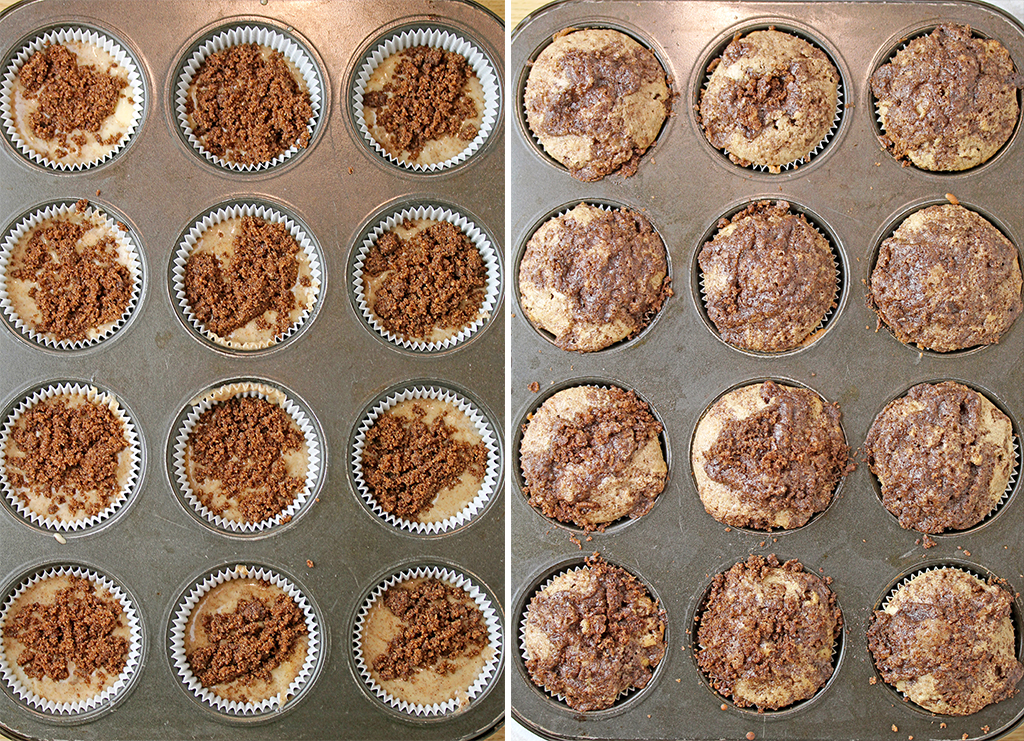 Divide the batter among cups in the muffin tins and sprinkle with the rest of the cinnamon mixture. Bake for 12 to 15 minutes.