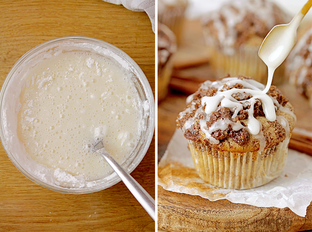 Make the sugar glaze of powdered sugar and milk and drizzle over the muffins. 