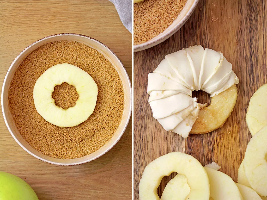 Place each ring in the sugar and cinnamon mixture, to coat each side. Wrap the apple rings with strips of puff pastry.