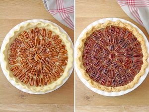 Place pecan halves on top and bake the pie