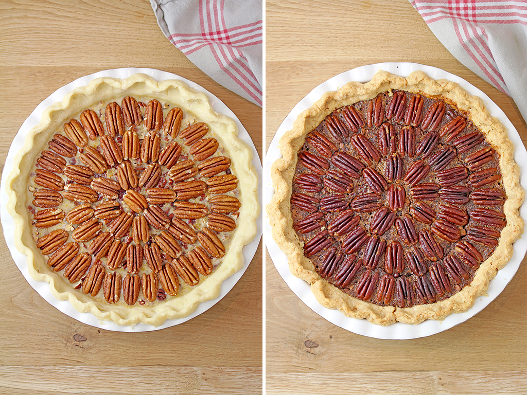 Place pecan halves on top and bake the pie