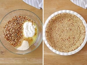 Put the crust ingredients in a medium bowl. Stir until combined. Press into the bottom of the 9-inch dip dish pie plate. Bake for 10-15 minutes. Take out of the oven when the edges are lightly browned. Leave at room temperature to cool completely.