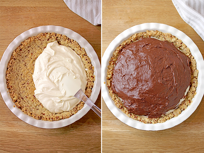 In a medium-sized bowl, mix the instant chocolate pudding and the instant chocolate fudge pudding. Add the milk and mix until the pudding starts to thicken. Leave to set for about 5 minutes. Carefully spread the pudding over the cream cheese layer, taking care not to mix the layers. Chill until set, about 4 hours.