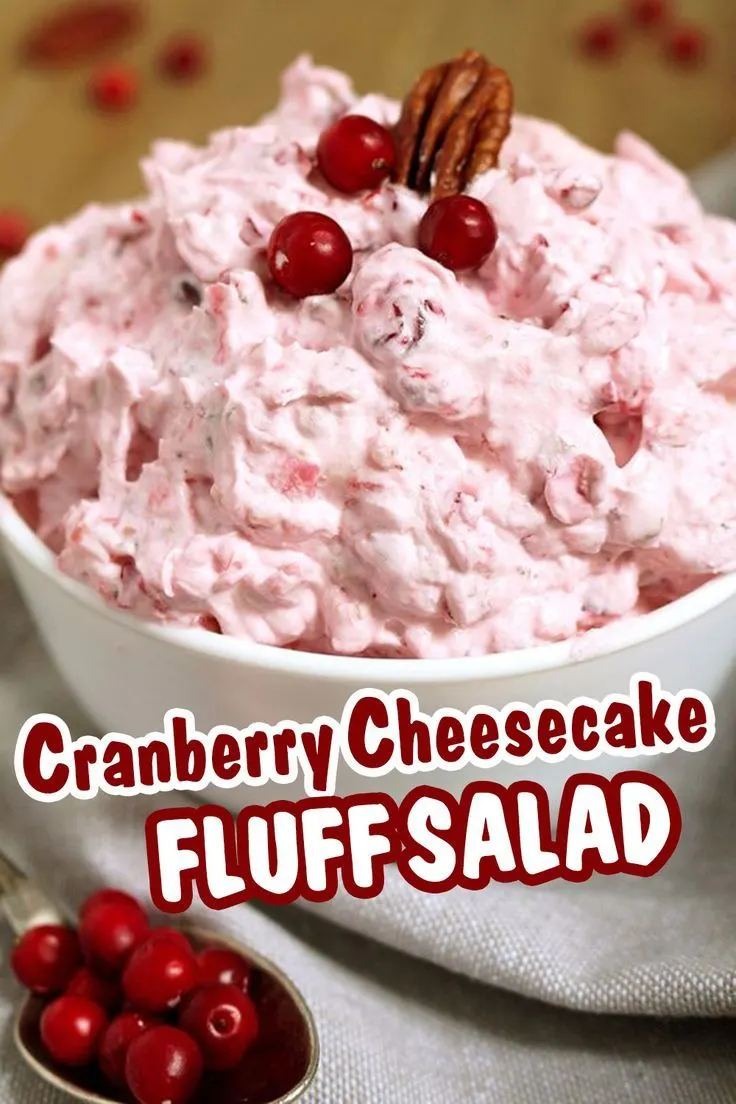 This salad is a perfect dessert for Thanksgiving Dinner or New Year‘s Eve feast. Cranberry Cheesecake Fluff Salad is quick, simple and easy to prepare. I like the combination of cranberry and pineapple, cream cheese and heavy whipping cream and when marshmallow melts and pecans crunch in your mouth. 