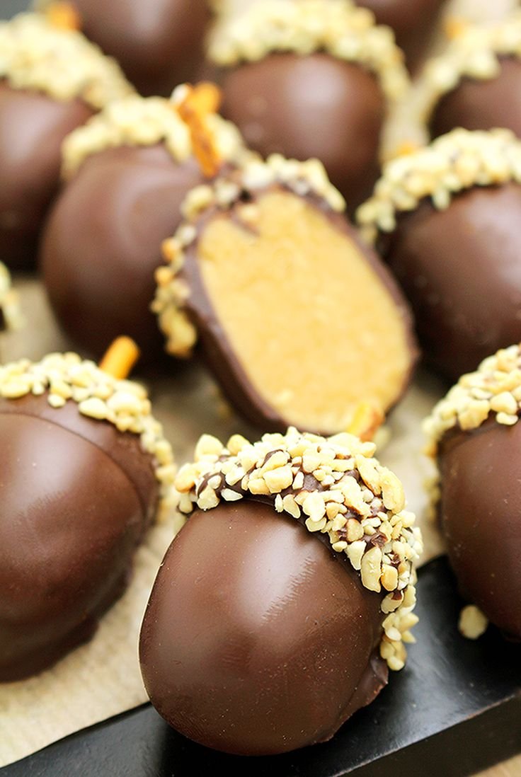 Looking for a perfect fall dessert.. I was going through my cook book and found this recipe that I would like to share with you Peanut Butter Chocolate Acorn Truffles. I came up with a great idea. I was going to make peanut butter and chocolate balls, shaped as acorns. It was quick and easy.