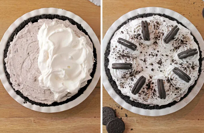 Make the whipped topping. Whip the heavy whipping cream, powdered sugar, and vanilla. Pipe the whipped cream on top. Decorate with Oreo cookies.