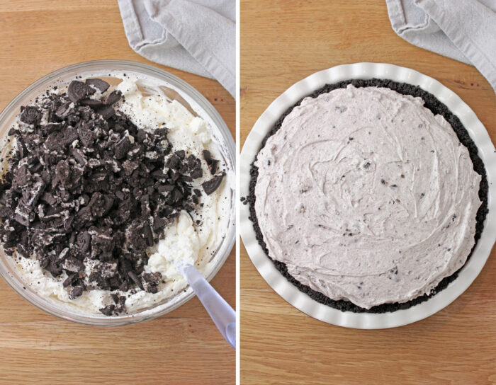 Whip cream cheese and powdered sugar, then add sour cream and vanilla. Whip the heavy whipping cream and mix it into the cream cheese mixture. Add broken Oreos and fold in. Spread the filling over the crust.