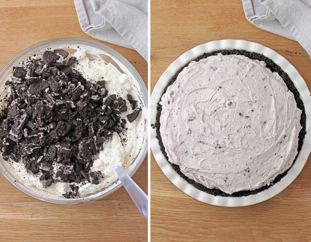 Whip cream cheese and powdered sugar, then add sour cream and vanilla. Whip the heavy whipping cream and mix it into the cream cheese mixture. Add broken Oreos and fold in. Spread the filling over the crust.