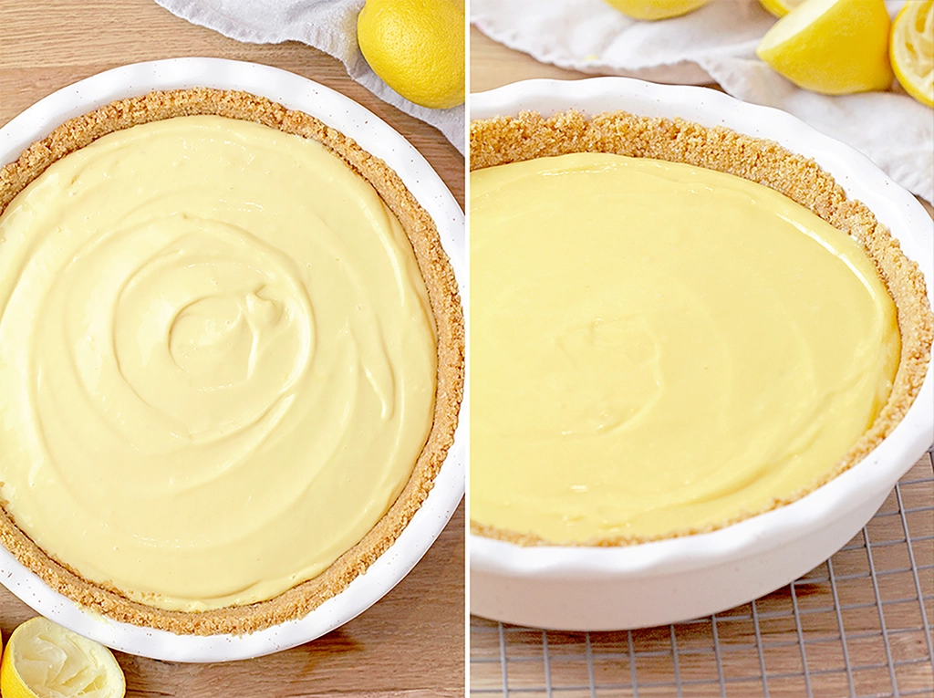 Pour the lemon filling into the prepared crust and bake at 350°F for 8-10 minutes until set.