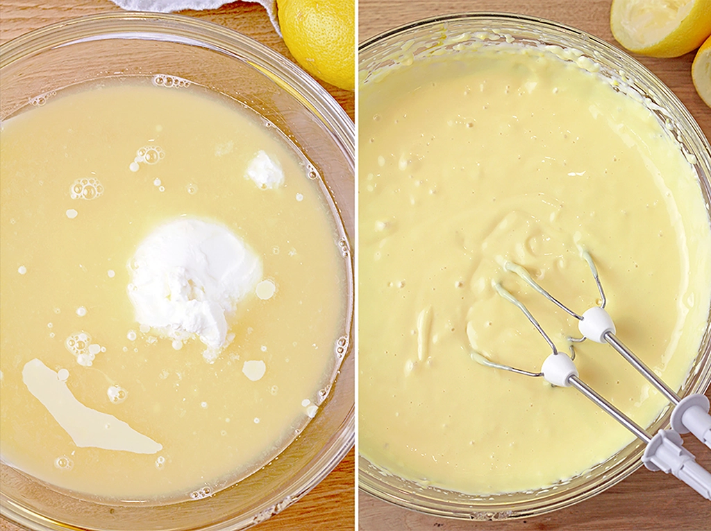 In a mixing bowl, whisk together sweetened condensed milk, sour cream, and fresh lemon juice. Beat with an electric mixer until smooth and creamy.