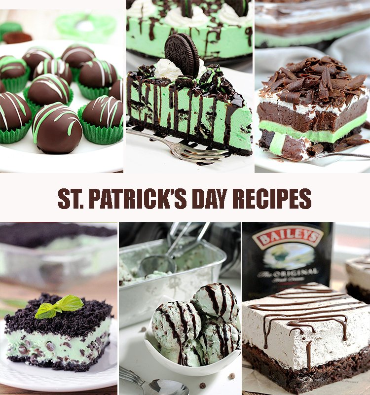 You can find here delicious St. Patrick’s Day Dessert Recipes.. starting from Irish Cream Tiramisu, than Mint Chocolate Chip Frozen Dessert, Baileys Chocolate Mousse Brownies, Mint Chocolate Lasagna, Mint Oreo Chocolate Truffles, Easy No Bake Oreo Mint Cheesecake and Homemade Mint Chocolate Chip Ice Cream..