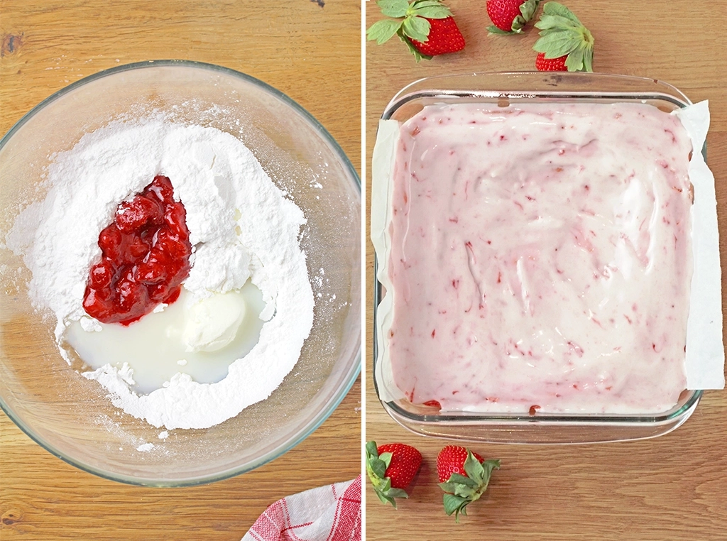 Super Easy Strawberry Brownies - these super moist and easy strawberry brownies are made with strawberry cake mix and a few simple ingredients, topped with a sweet frosting made from strawberry preserves. They're incredibly delicious and unbelievably easy to make - the perfect last minute dessert.