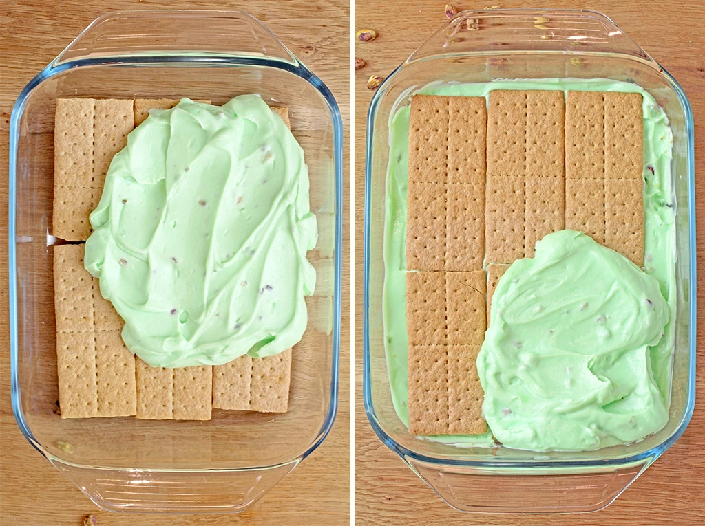 Place a layer of graham crackers on the bottom of a 9x13-inch dish. You’ll need about 6 full graham cracker sheets per layer. Spread half of the pistachio pudding mixture over the graham crackers. Add another layer of graham crackers, then spread the remaining pudding mixture on top. Finish with one last layer of graham crackers.