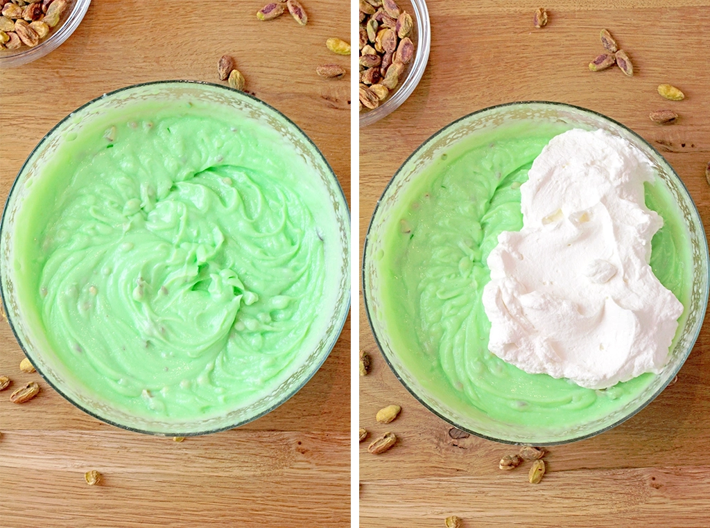 Whisk together the pistachio pudding mix and milk until smooth. Gently fold in 1 cup of whipped topping.