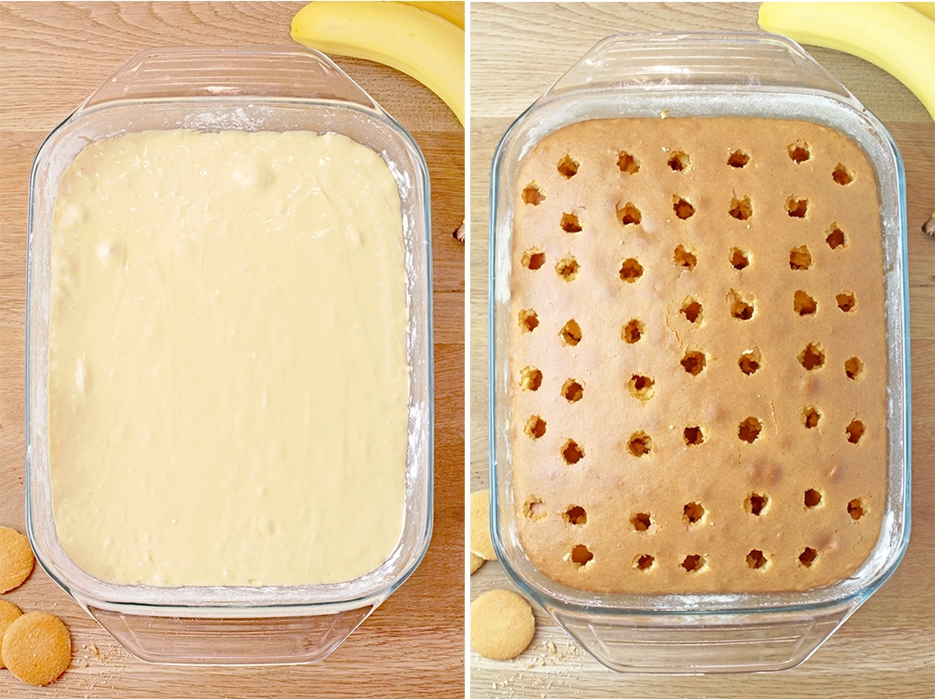 Prepare the cake batter according to the instructions on the box. Bake it, and while it’s still warm, poke holes all over the top using the handle of a wooden spoon.