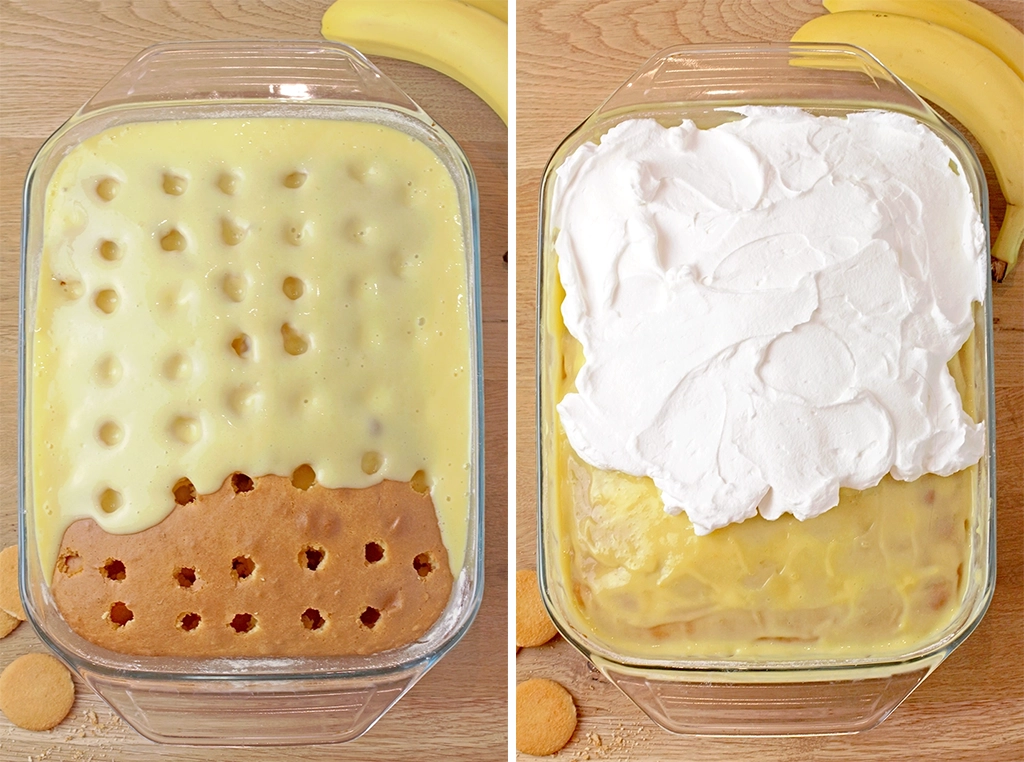 Make the pudding by whisking together the milk and banana pudding mix. Stir until it starts to thicken, then pour it evenly over the cake, making sure it fills the holes. Refrigerate for about 2 hours, until the pudding is set.