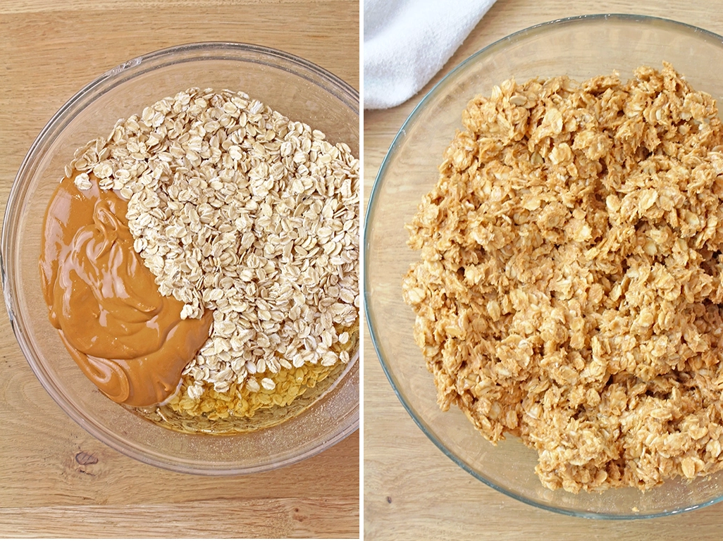It’s very simple - just mix rolled oats, honey (or maple syrup) and peanut butter until you get a compact mixture that you can shape into balls. Then, divide the mixture into two parts: add vanilla protein powder to one part and chocolate protein powder to the other. Mix well until everything is combined. After that, choose your add-ins and create a snack that suits your taste!