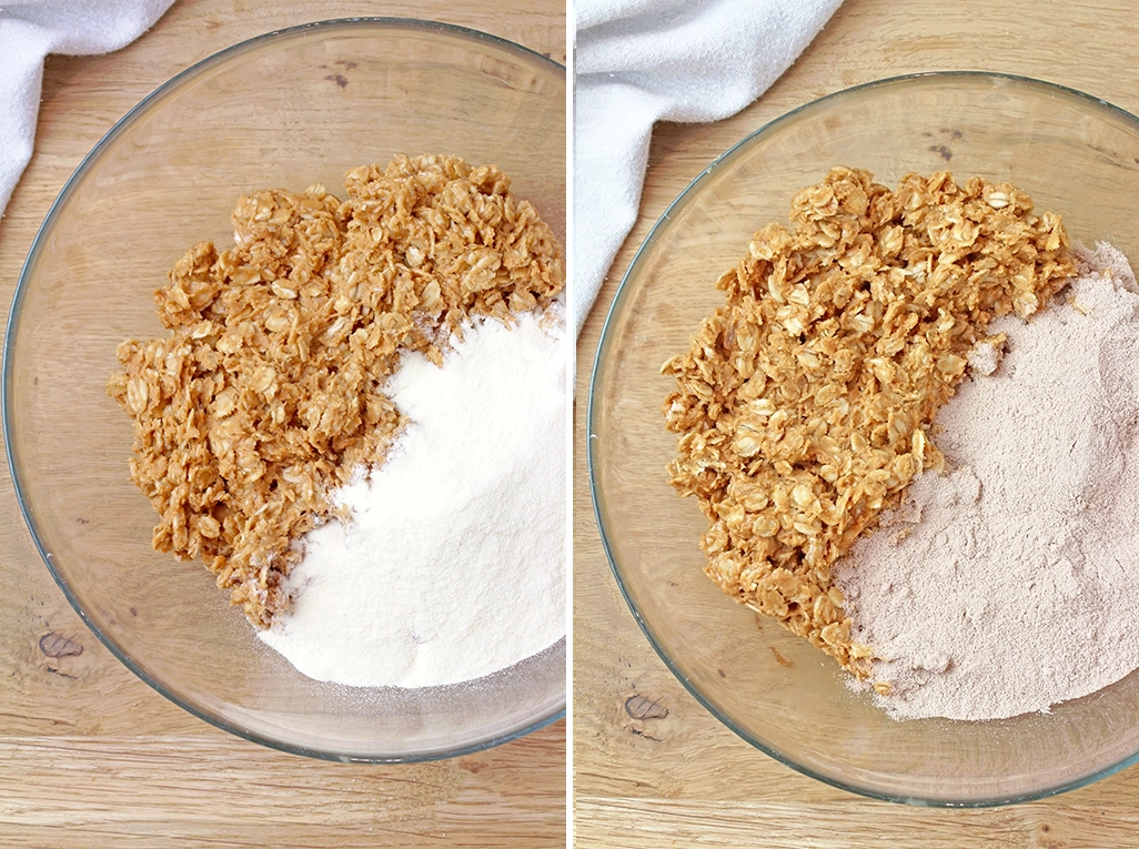 It’s very simple - just mix rolled oats, honey (or maple syrup) and peanut butter until you get a compact mixture that you can shape into balls. Then, divide the mixture into two parts: add vanilla protein powder to one part and chocolate protein powder to the other. Mix well until everything is combined. After that, choose your add-ins and create a snack that suits your taste!