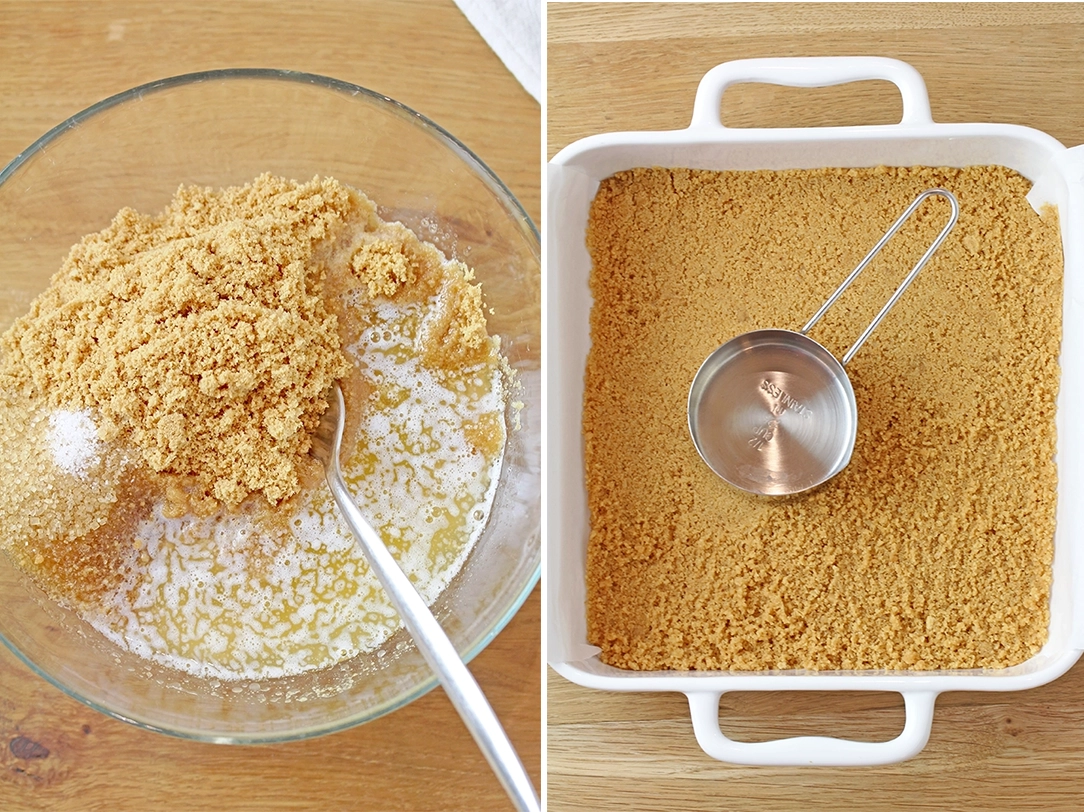 Combine graham cracker crumbs, melted butter or nut butter, and honey. Spread the mixture evenly over the bottom of a 9x9-inch pan and gently press it down. Make sure to line the pan with parchment paper first - this will make it much easier to remove the dessert later.