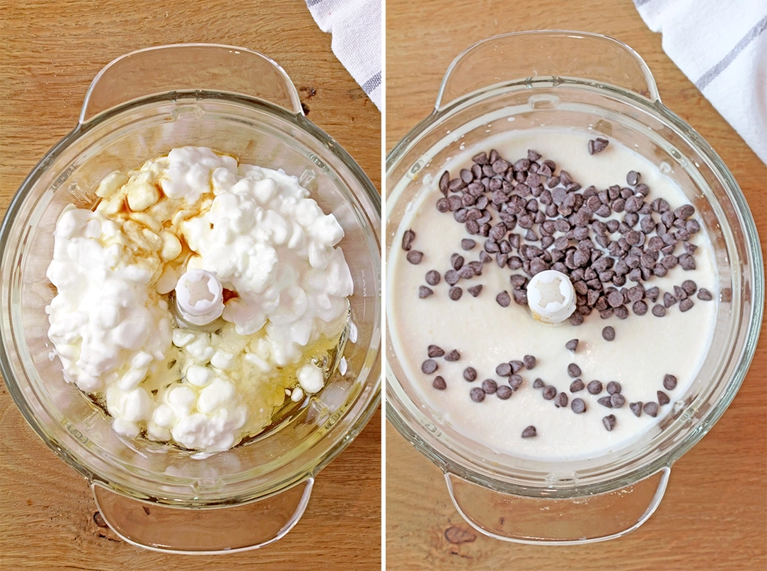 Place the cottage cheese, honey, and vanilla in a blender or food processor. Blend until smooth. Add the peanut butter and blend again until creamy. Fold in the chocolate chips. Spread the filling evenly over the crust and smooth out the top.