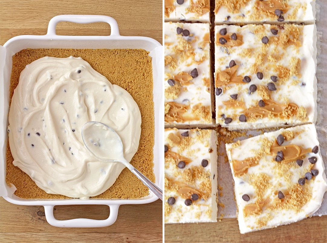 Before serving, top with peanut butter, chocolate chips, and graham cracker crumbs. You can also add some fruit, if you like. 