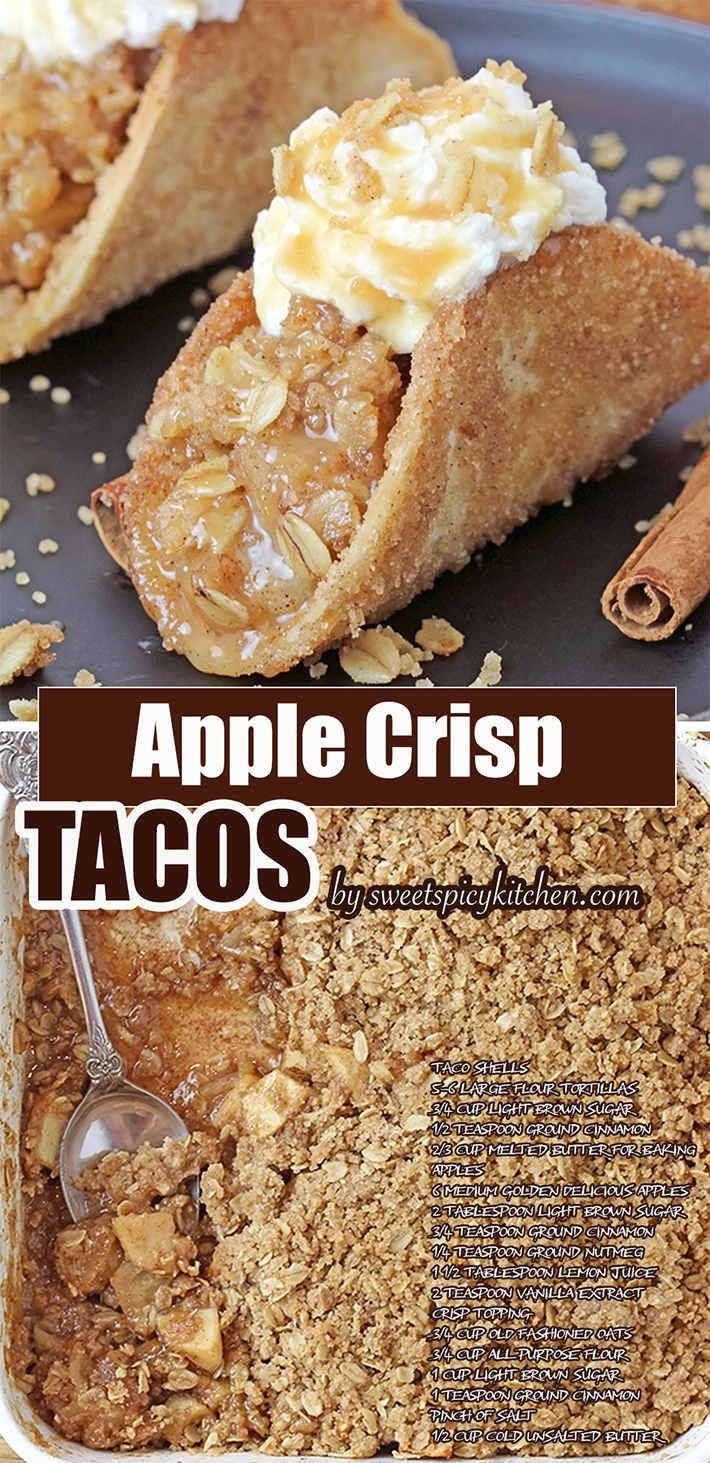 These Apple Crisp Tacos are the ultimate fall dessert, made with crispy cinnamon - sugar tortilla shells filled with apple crisp, topped with whipped topping or ice cream and drizzled with caramel sauce. They are perfect for gatherings, parties, picnics or even holidays. 
