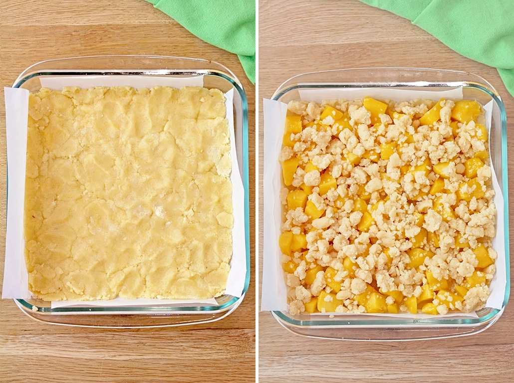 Step 4: Assemble the layers. Press lightly a little more than half of the crumb mixture evenly into the bottom of the prepared pan. Spread the mango mixture evenly over the crust, then sprinkle the remaining crumb mixture on top.