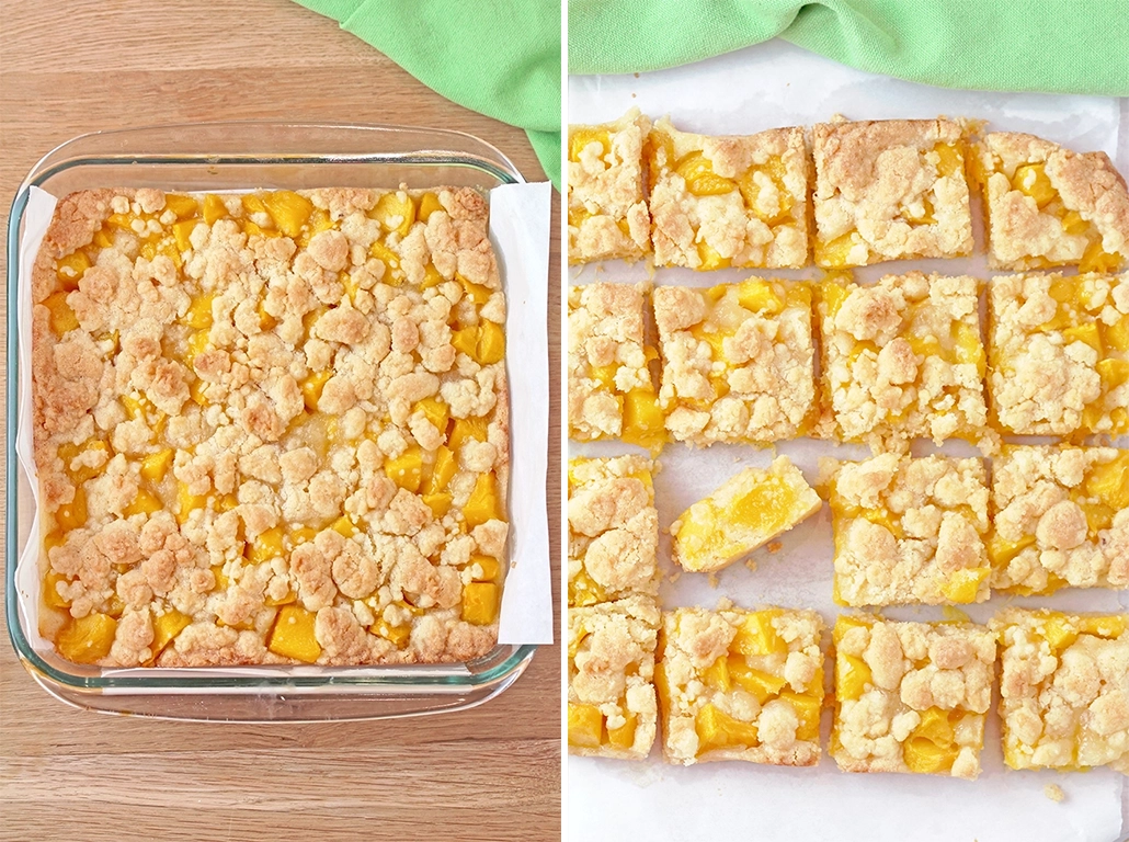 Step 5: Bake. Bake for 35–40 minutes, or until the top is lightly golden. Step 6: Cool. Remove from the oven and let the bars sit in the pan for 5–10 minutes. Then lift them out using the parchment paper and let them cool at room temperature for 15–20 minutes. Cut into squares before serving.