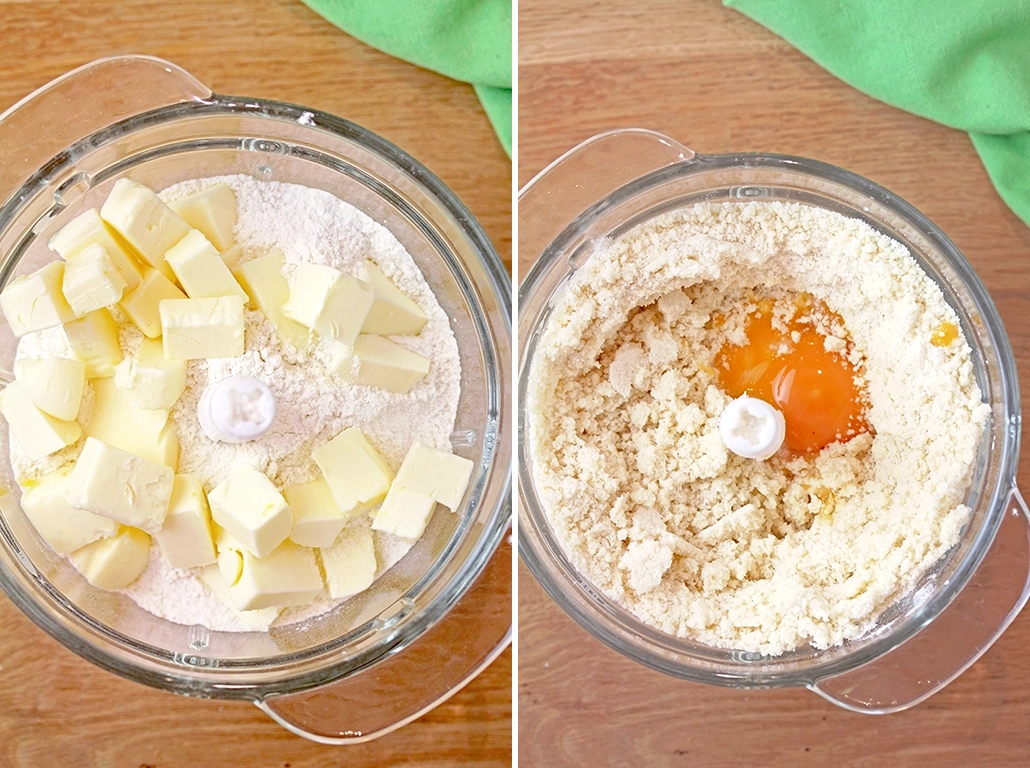 Step 3: Make the crust and topping. In a separate bowl, mix together the flour, sugar, baking powder, and salt. Add the flour mixture and cold, diced  butter to a food processor. Pulse until the mixture forms small crumbs. Add the lightly beaten egg yolks and pulse again until the dough just starts to hold together but still has a crumbly texture. You can also use a pastry cutter - the process is the same.
